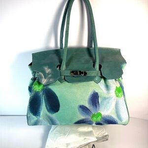 Sigillo Di Garanzia Bonini Hand Painted Floral Canvas and Teal Leather .  NWT